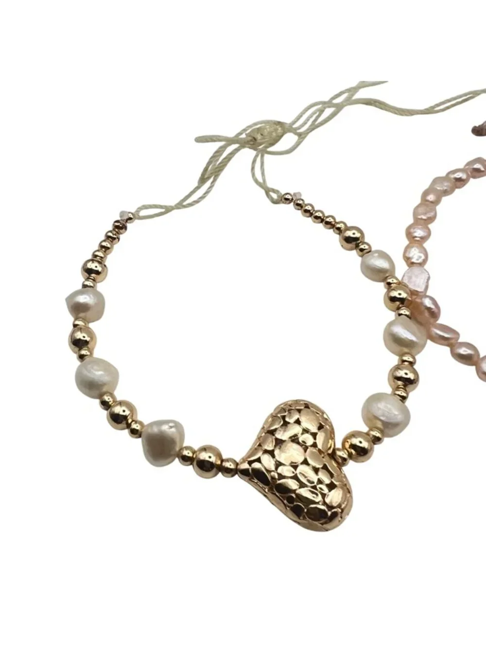 Set 3 Adjustable Bracelets Freshwater Pearls Gold Tone Pastel Pink Cowrie Heart - Picture 2 of 14